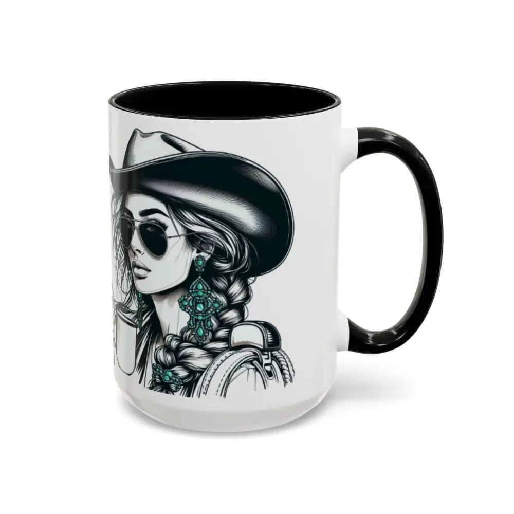 Cowgirl Coffee Mug featuring a stylish cowgirl with sunglasses and a cowboy hat, ideal for coffee lovers and western enthusiasts.