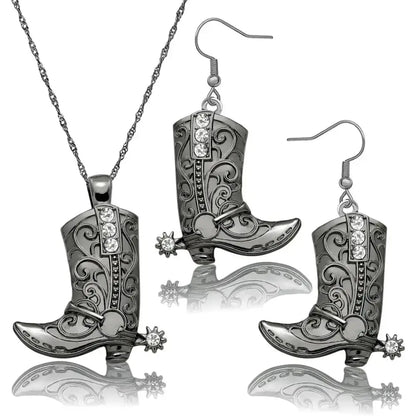 Cowgirl Boot Pendant Earrings Necklace Set Rodeo Cowboy boots with Spurs Western Fashion Jewelry - Black Set - Jewelry