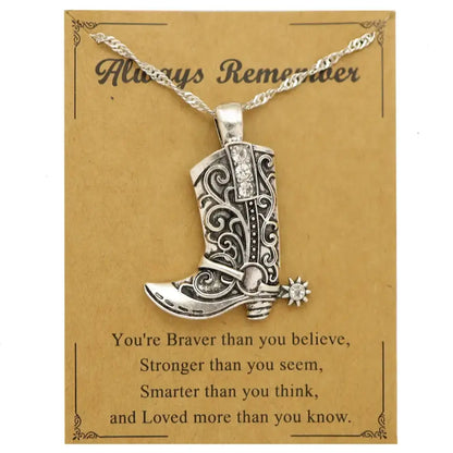 Cowgirl Boot Pendant Earrings Necklace Set Rodeo Cowboy boots with Spurs Western Fashion Jewelry - Silver necklace