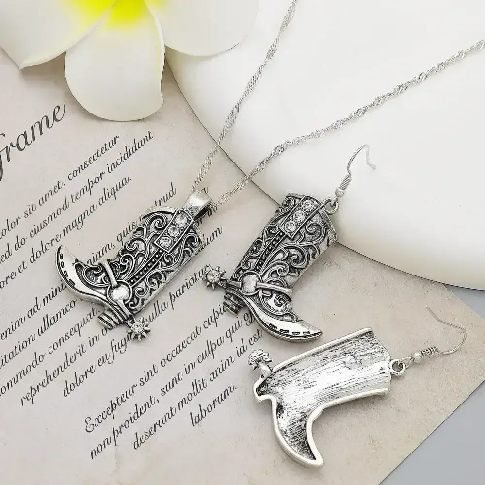 Cowgirl Boot Pendant Earrings Necklace Set, Rodeo Cowboy boots with Spurs, Western Fashion Jewelry - The Best New Thing