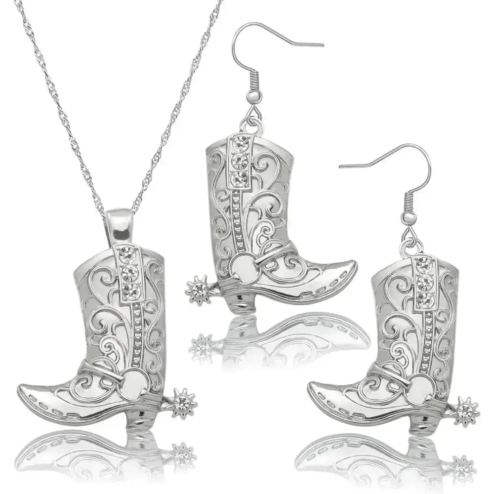 Cowgirl Boot Pendant Earrings Necklace Set Rodeo Cowboy boots with Spurs Western Fashion Jewelry - Silver set - Jewelry
