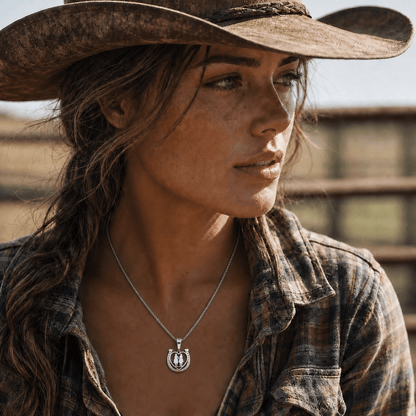 Woman wearing a Horseshoe Necklace, showcasing a romantic gift for couples, against a rustic background.