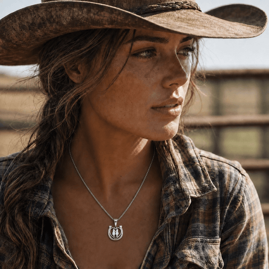 Woman wearing a Horseshoe Necklace, showcasing a romantic gift for couples, against a rustic background.