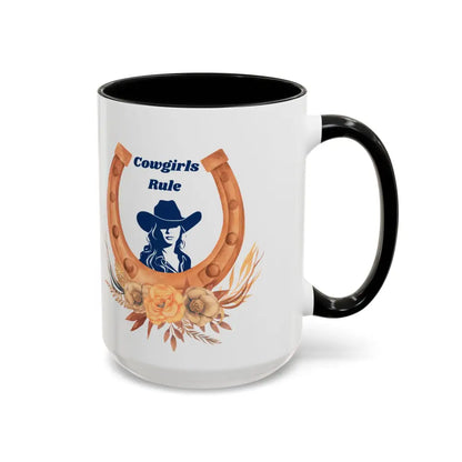 15oz ceramic coffee mug with Cowgirls Rule cowgirl design