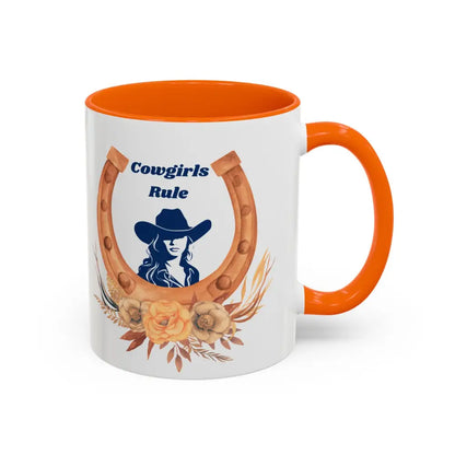 Cowgirls Rule 15oz ceramic coffee mug with horseshoe and floral design