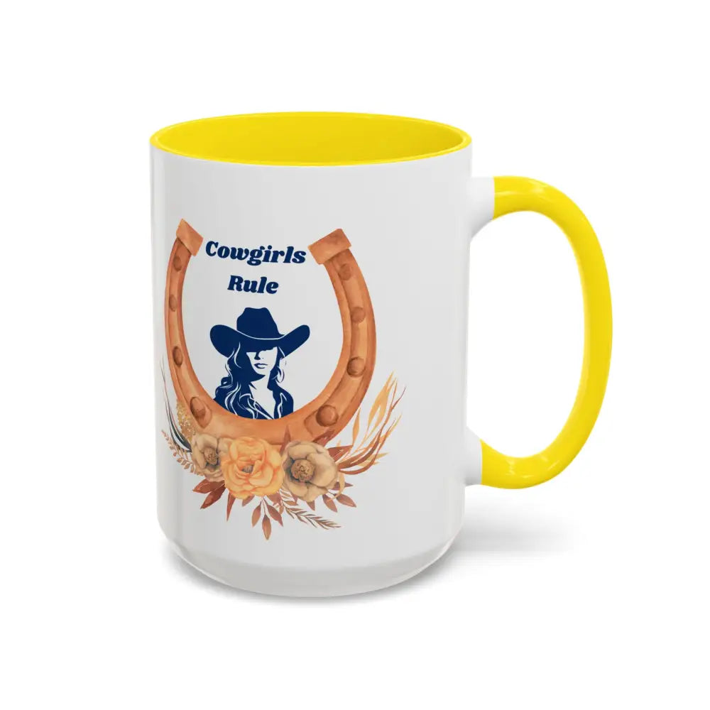 Cowgirls Rule 15oz ceramic coffee mug with yellow interior and horseshoe design