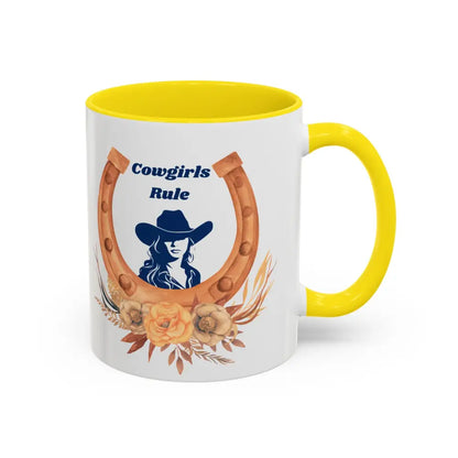 Cowgirls Rule 15oz ceramic coffee mug with horseshoe and floral design