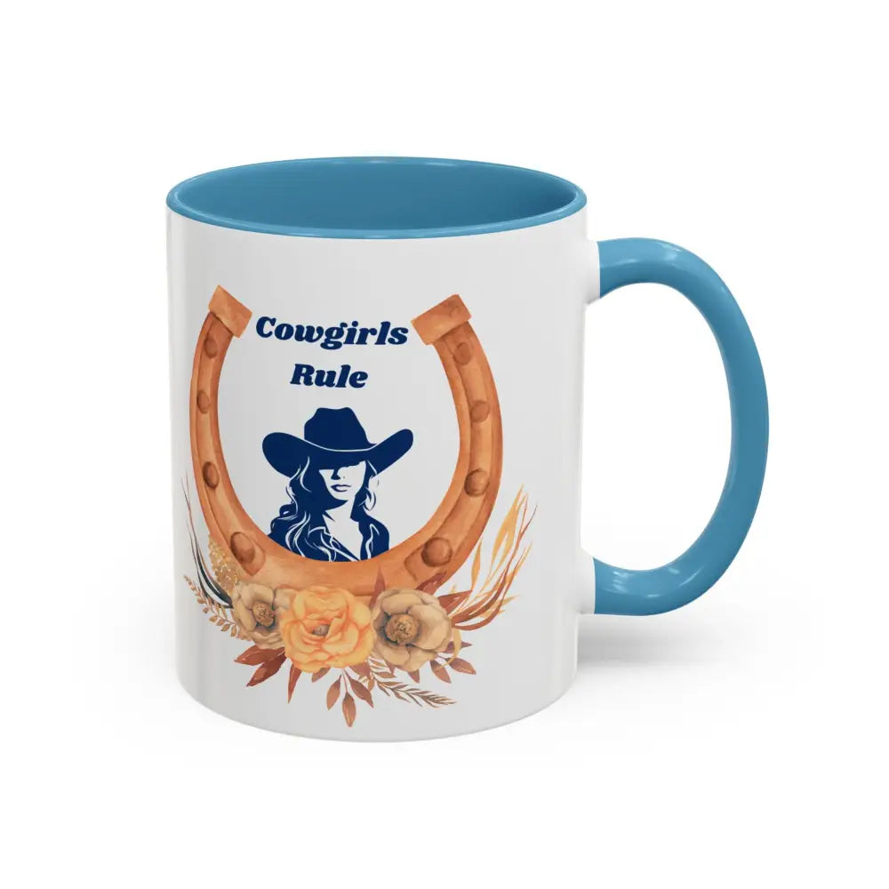 Cowgirls Rule 15oz ceramic coffee mug with horseshoe floral design