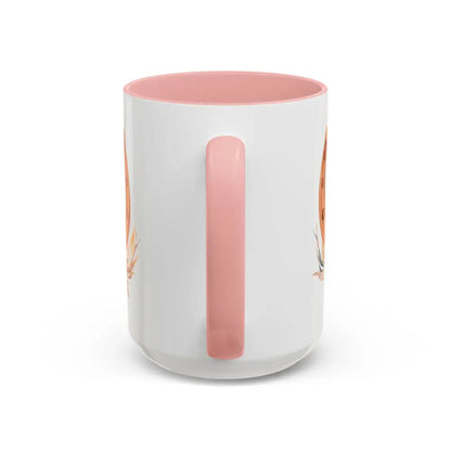 White ceramic 15oz coffee mug with pink interior, Cowgirls Rule cowgirl design