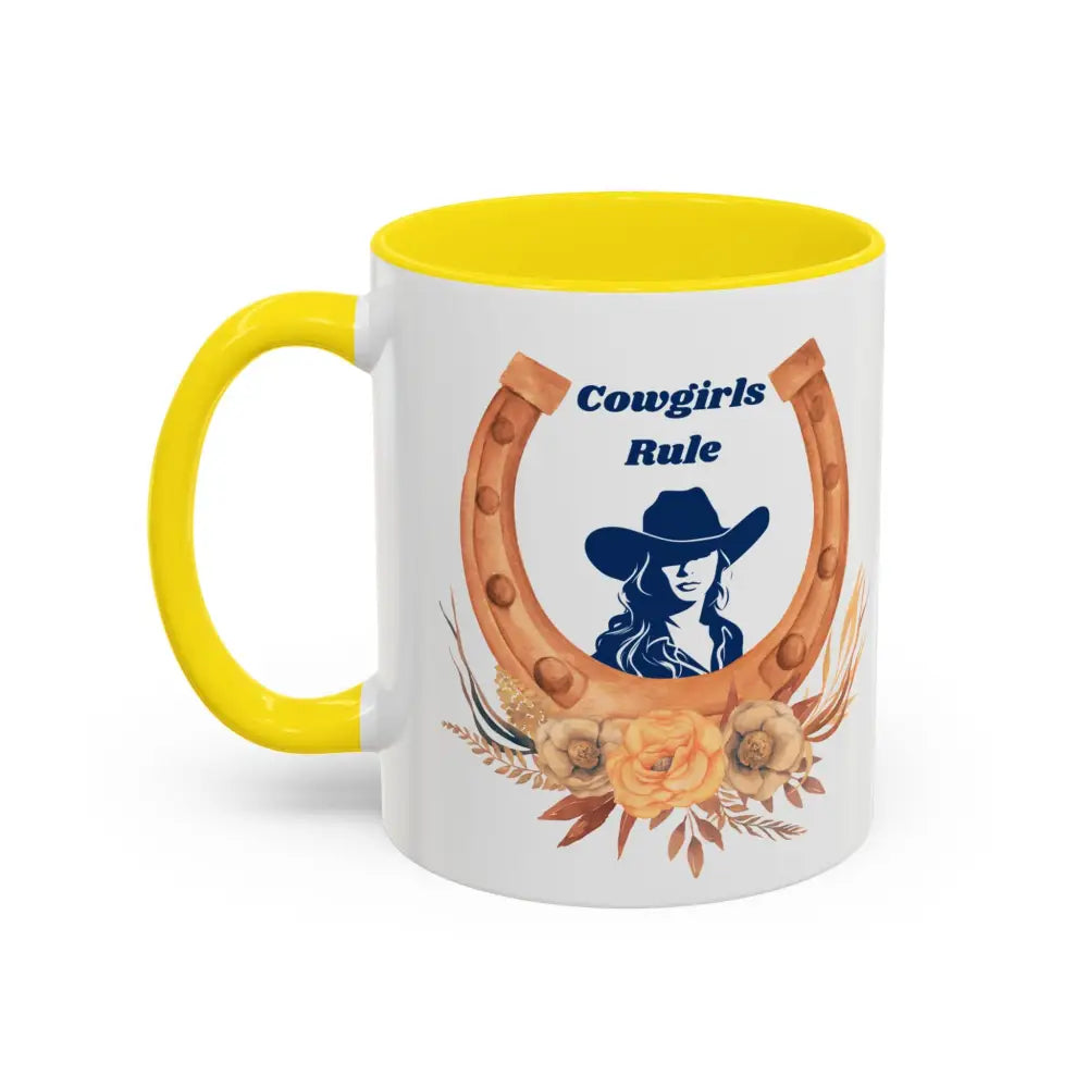 Yellow and white 15oz ceramic coffee mug with Cowgirls Rule cowgirl design