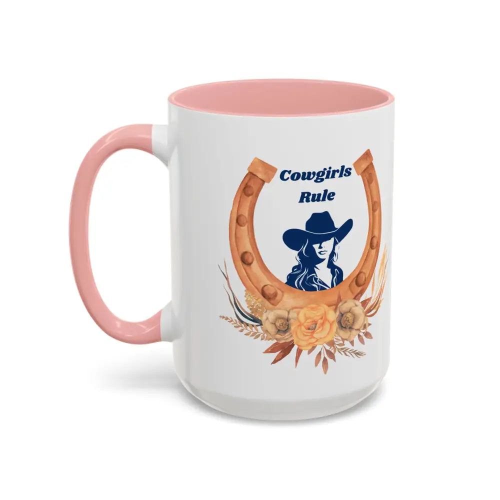 Cowgirls Rule 15oz ceramic coffee mug with pink interior and horseshoe design