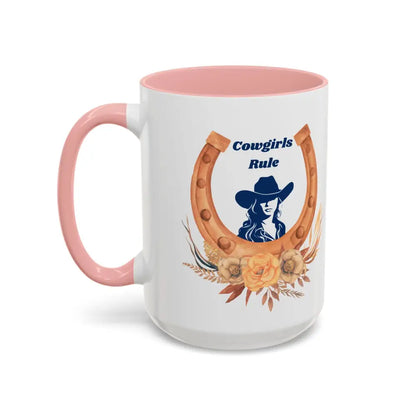 Cowgirls Rule 15oz ceramic coffee mug with pink interior and horseshoe design