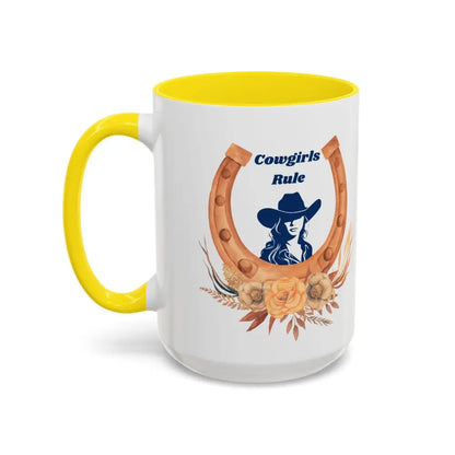 Cowgirls Rule 15oz ceramic coffee mug with yellow handle and horseshoe design
