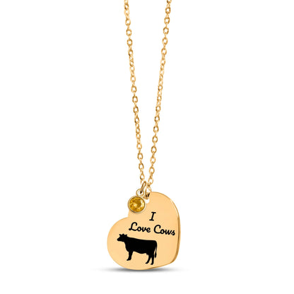 Engraved I Love Cows Heart Necklace showcasing a gold heart pendant with a cow design and customizable charm.