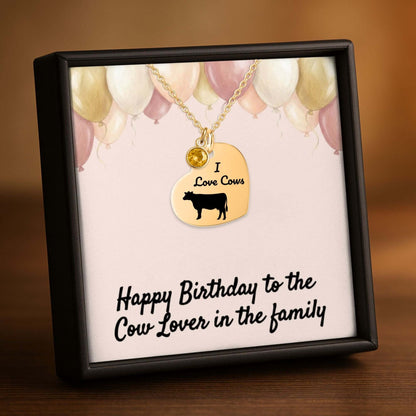 Engraved I Love Cows Heart Necklace displayed in a gift box with a birthday message for cow lovers.