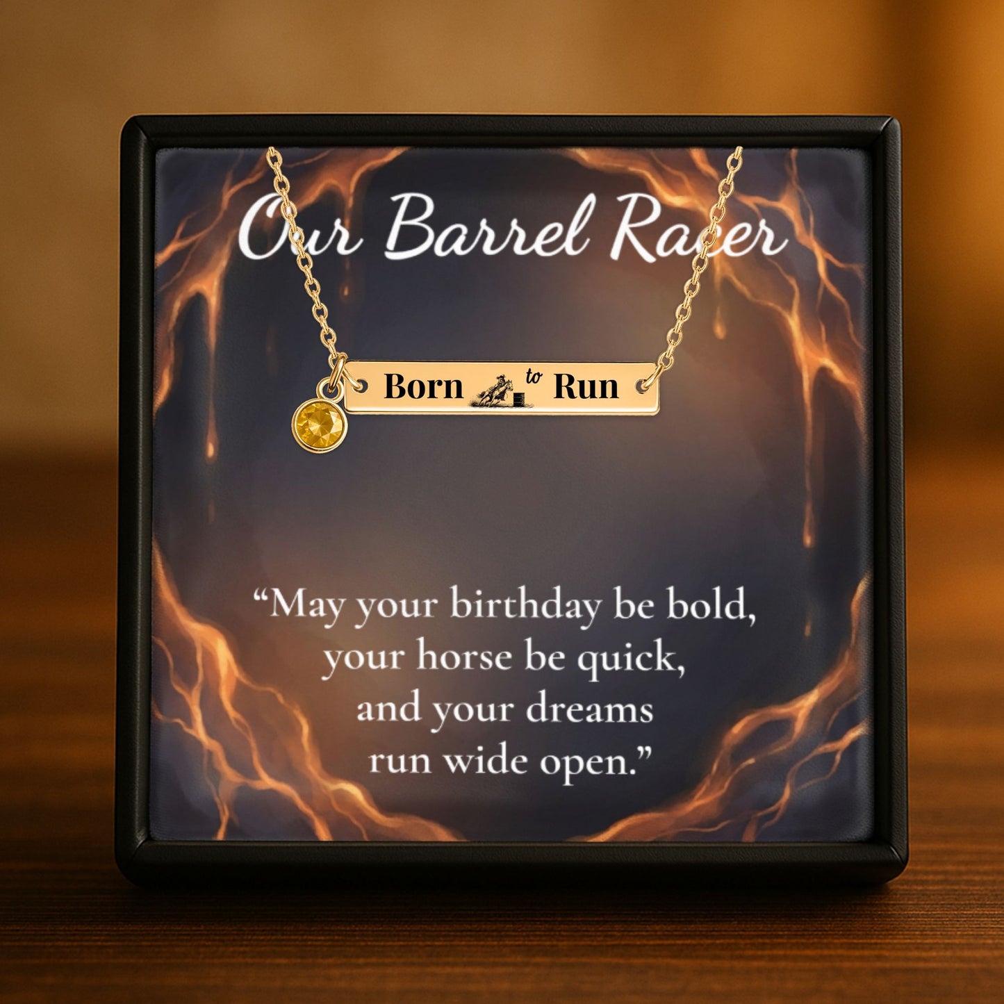Barrel Racer Horizontal Bar Necklace with birthstone in a gift box, featuring 'Born to Run' engraving.