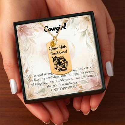 Personalized Cowgirl Tag Necklace featuring a 'Horse Hair Don't Care!' engraving displayed in elegant packaging.