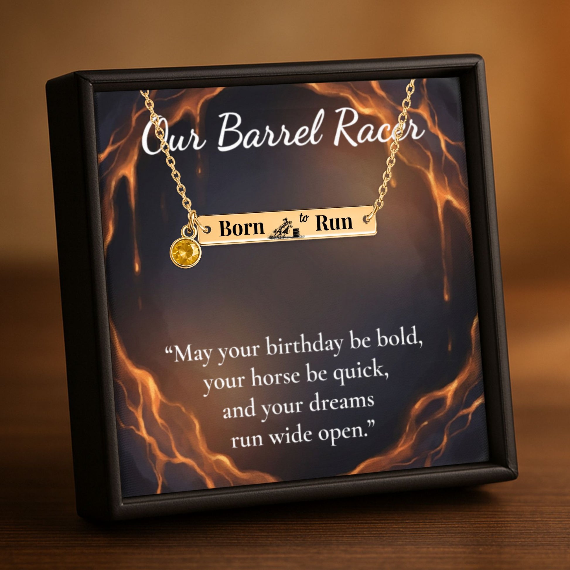 Barrel Racer Horizontal Bar Necklace with Birthstone displayed in a gift box with a motivational quote.
