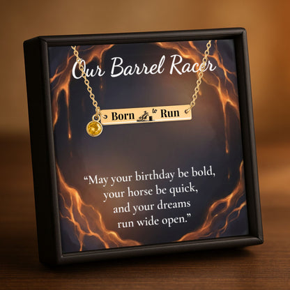 Barrel Racer Horizontal Bar Necklace with Birthstone displayed in a gift box with a motivational quote.