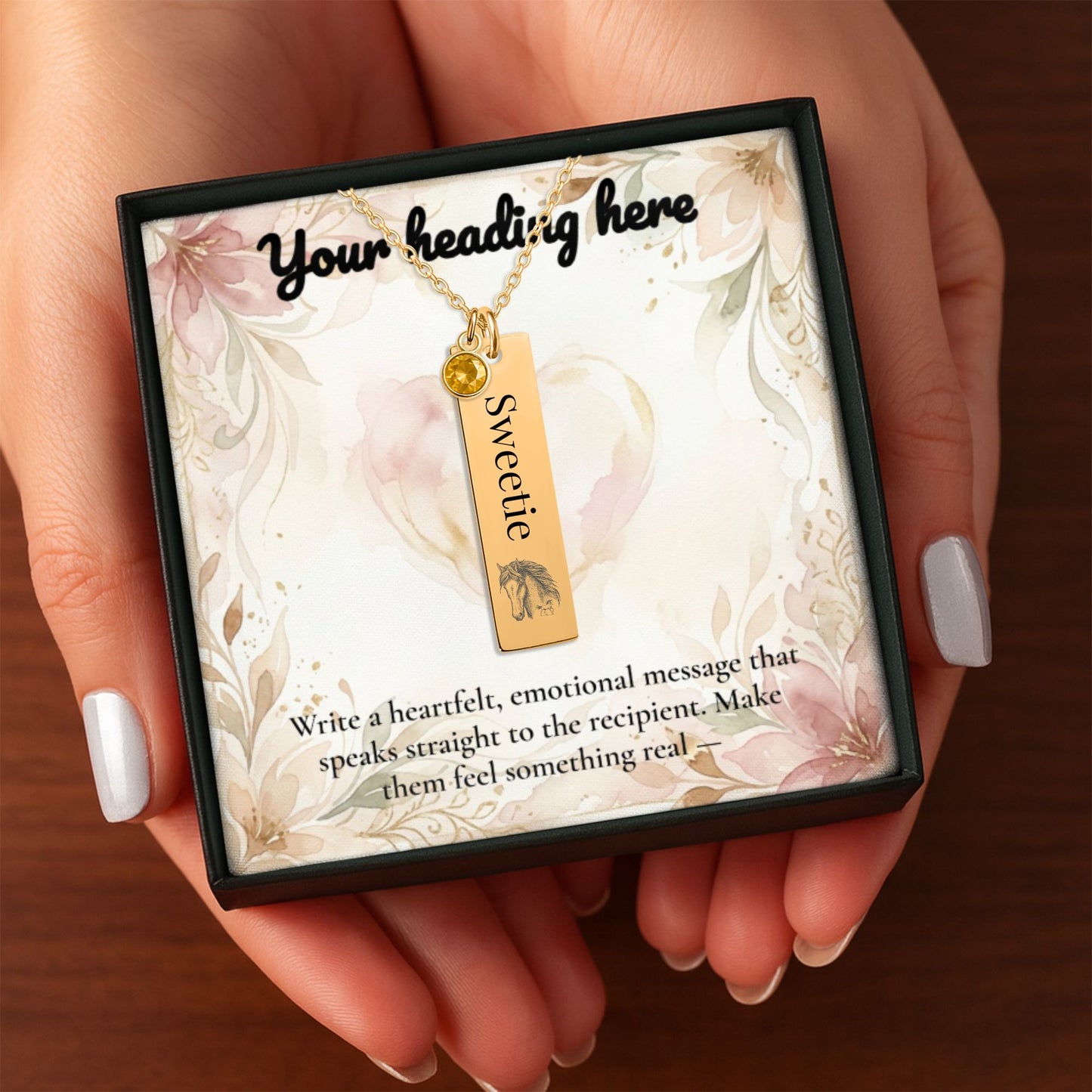 Personalize Vertical Bar Necklace displayed in a custom box, featuring a heartfelt message and customizable design options.