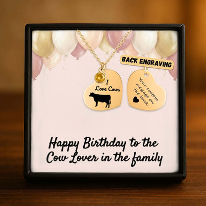 Engraved I Love Cows Heart Necklace displayed in a gift box, celebrating cow lovers with personalized engraving options.