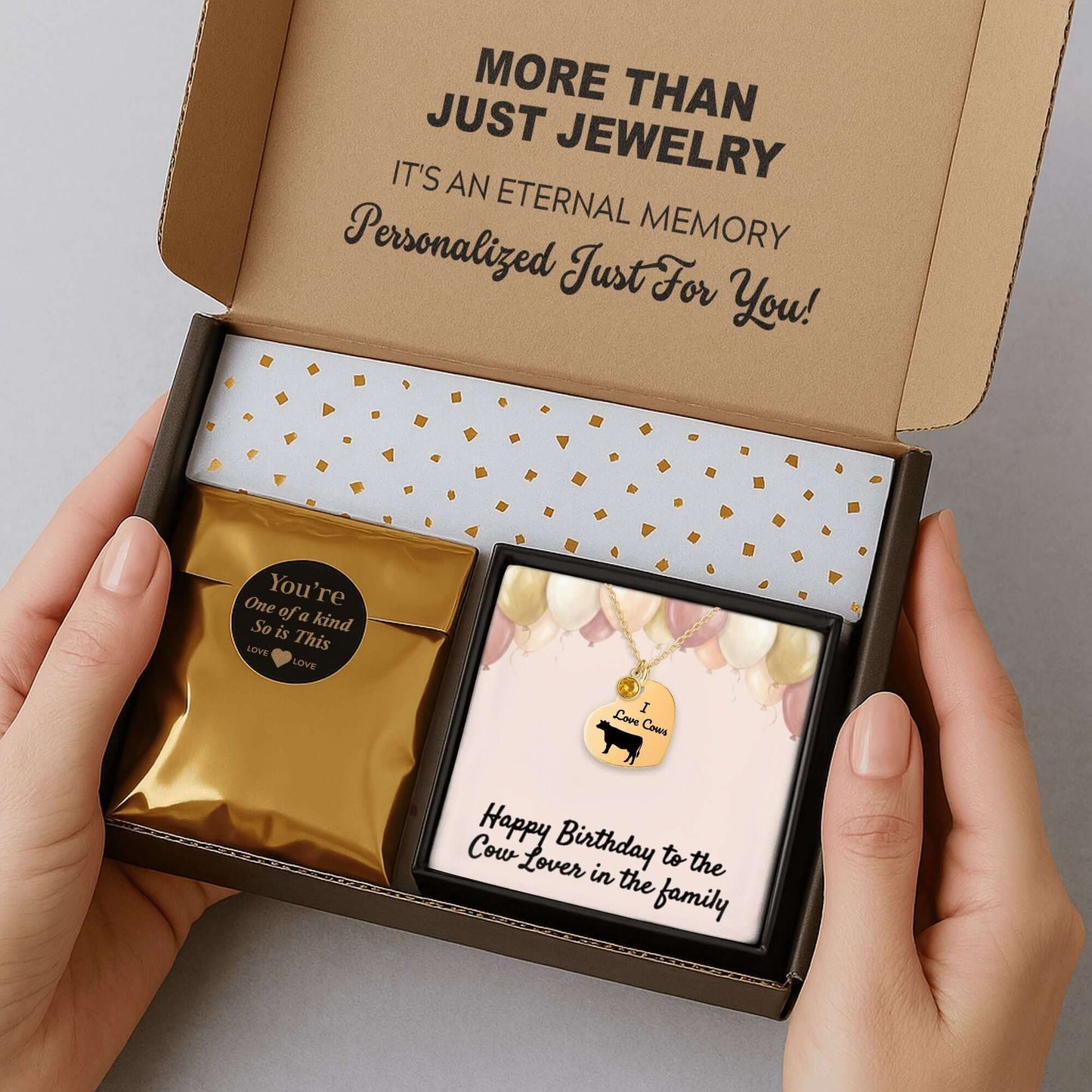 Engraved I Love Cows Heart Necklace presented in a gift box, perfect for cow lovers and personalized gifts.