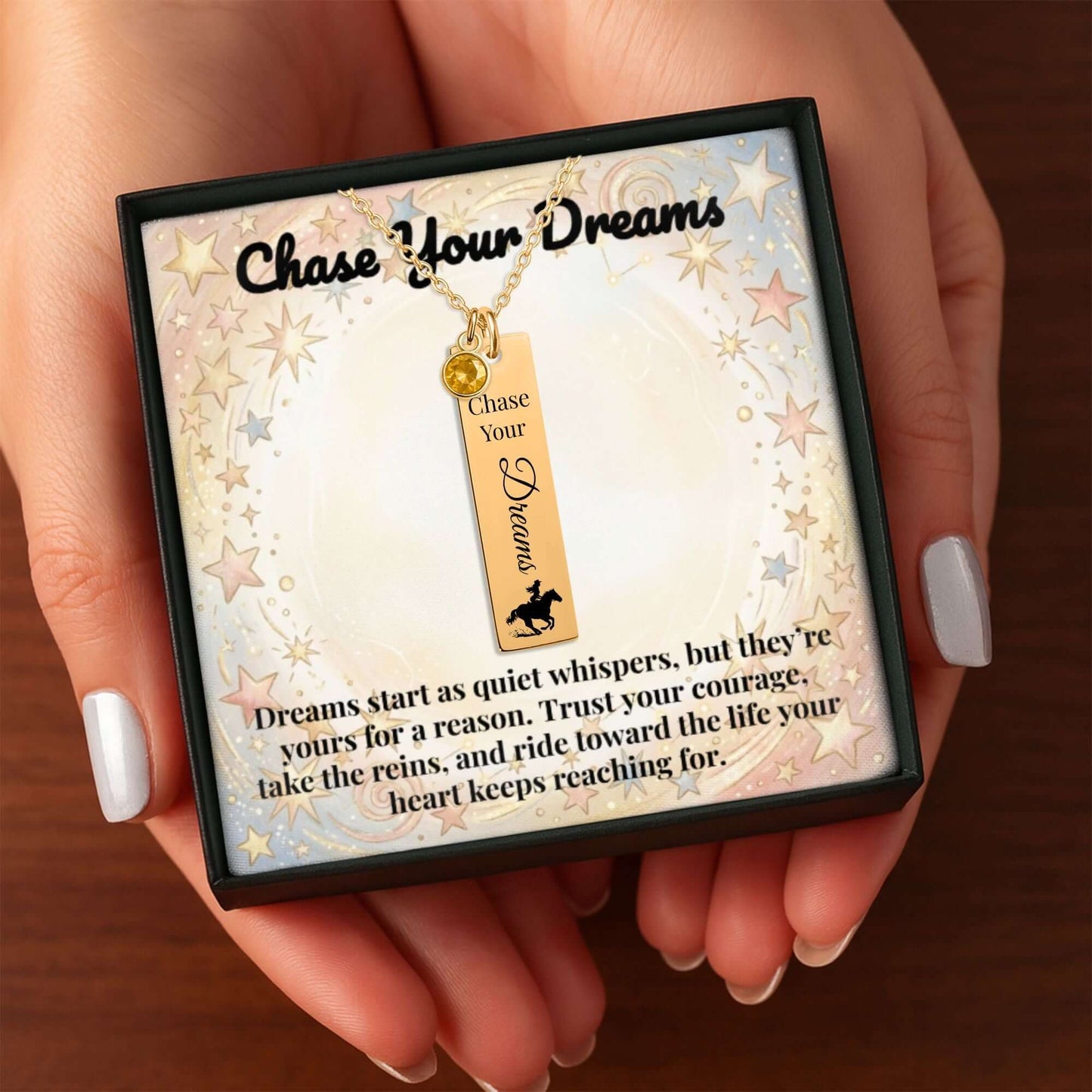 Chase Your Dreams Vertical Bar Necklace displayed in hands with inspirational quote and customizable design.