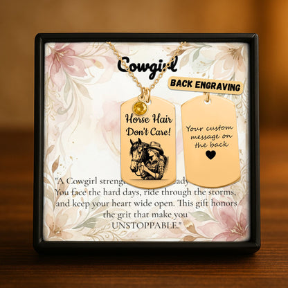Personalized Cowgirl Tag Necklace with Birthstone displayed in elegant packaging, featuring custom message and horse design.