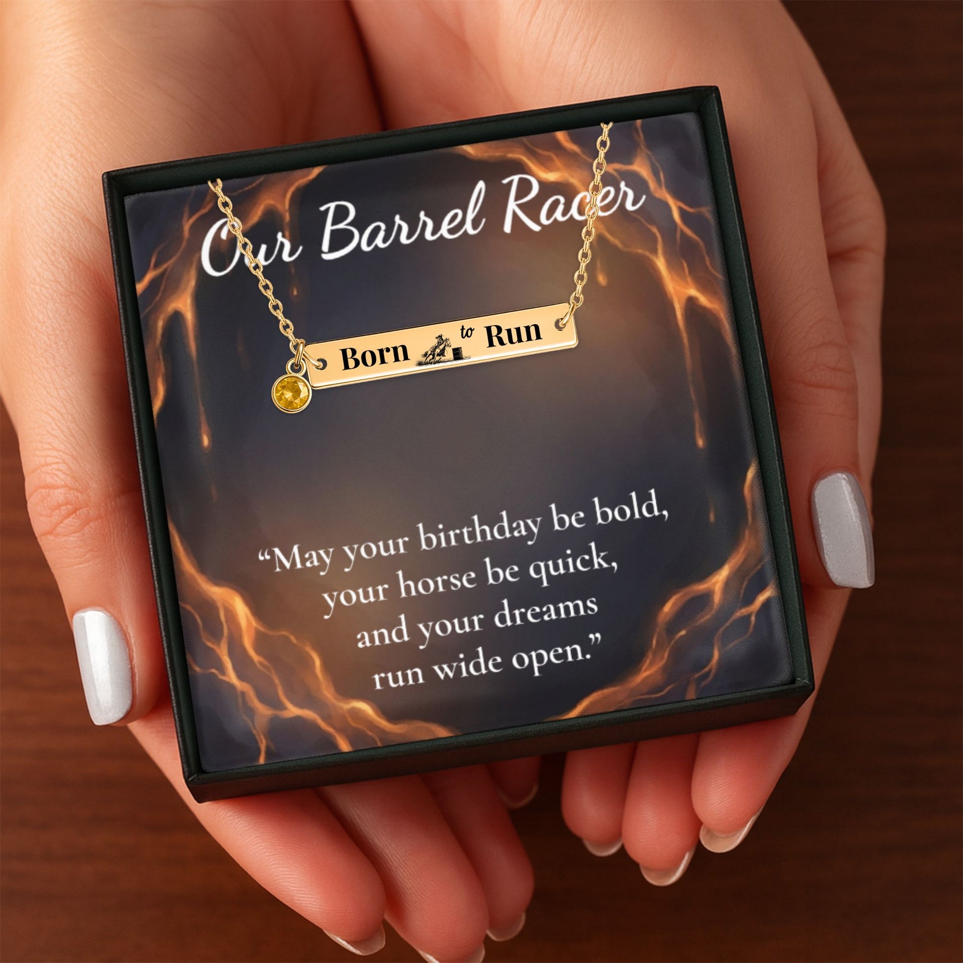 Barrel Racer Horizontal Bar Necklace displayed in a gift box with a motivational quote.