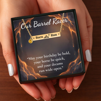 Barrel Racer Horizontal Bar Necklace displayed in a gift box with a motivational quote.