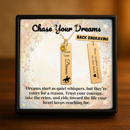 Chase Your Dreams Vertical Bar Necklace displayed in a box with a meaningful quote and customization options.