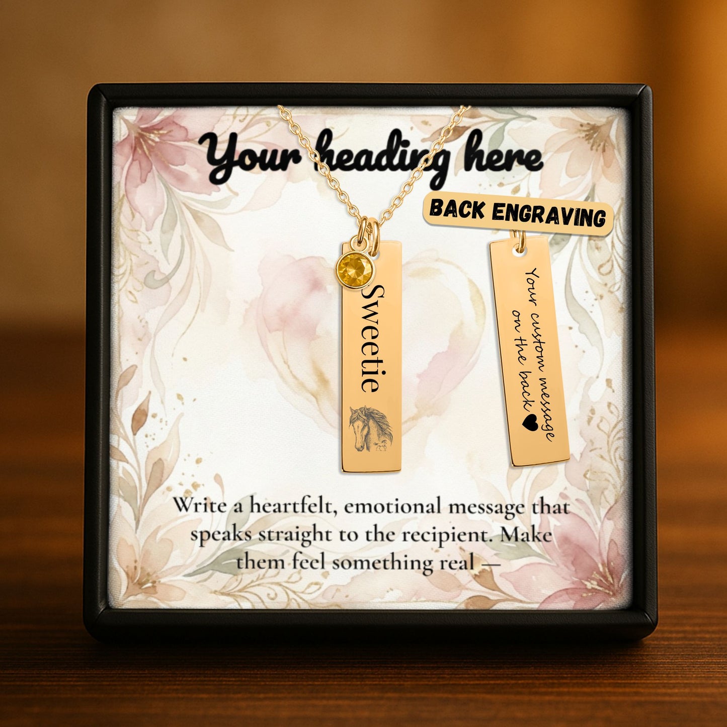 Personalize Vertical Bar Necklace with custom engraving displayed in a beautiful gift box.