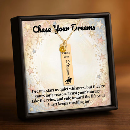 Chase Your Dreams Vertical Bar Necklace displayed in a gift box with a motivational quote background.