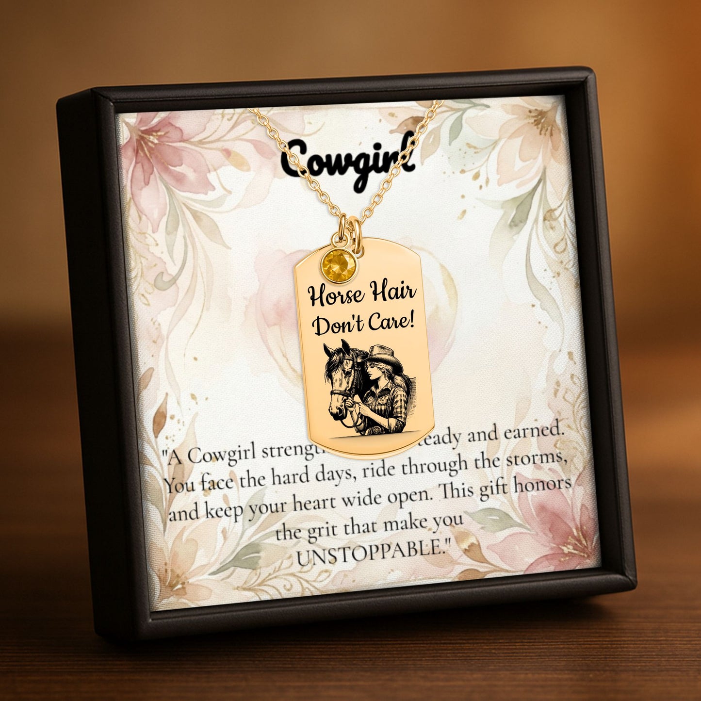 Personalized Cowgirl Tag Necklace with Birthstone displayed in a gift box with floral design and inspirational message.