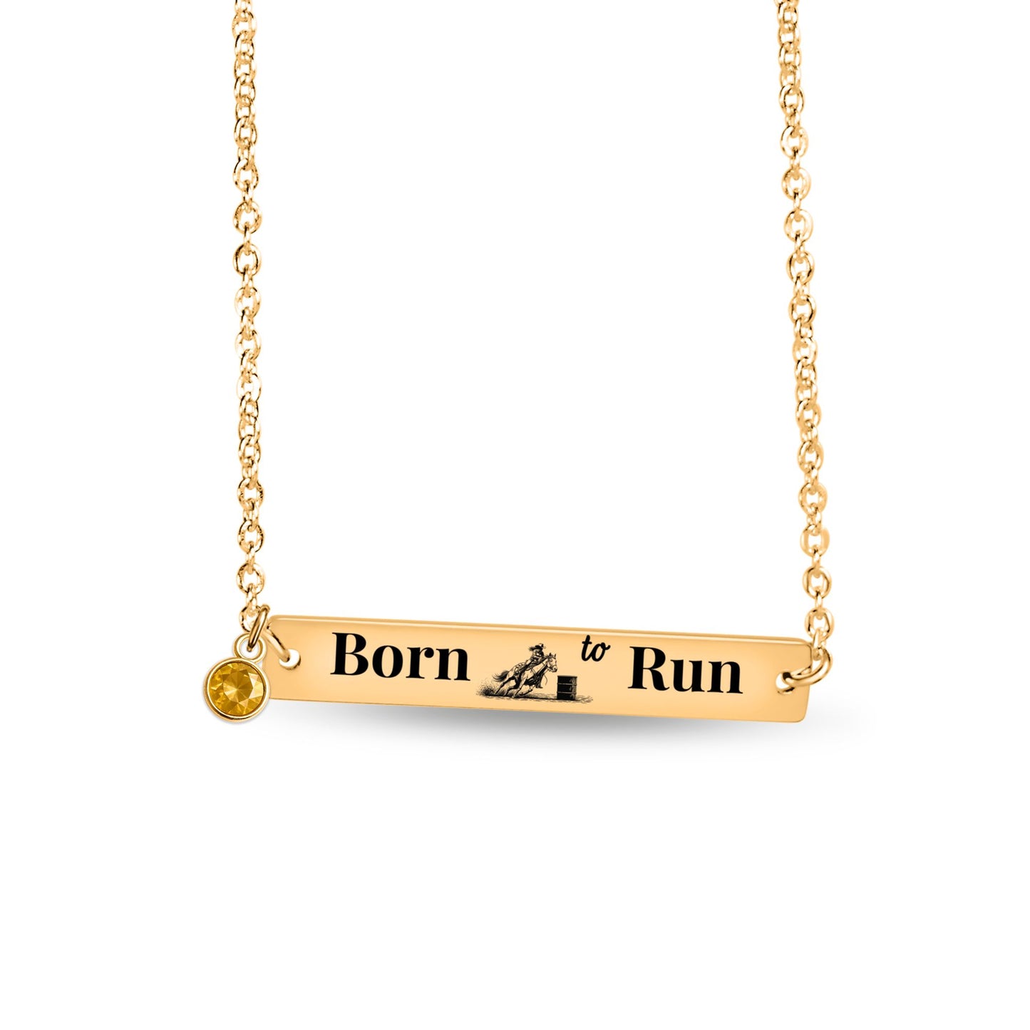 Barrel Racer Horizontal Bar Necklace featuring 'Born to Run' engraving and a birthstone charm in gold.