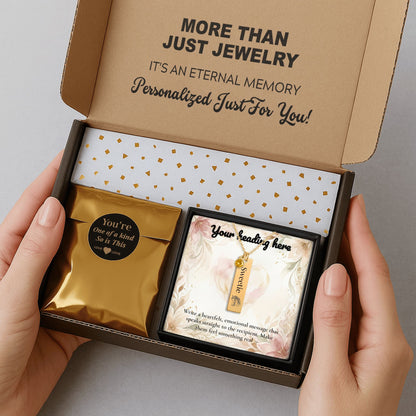 Personalize Vertical Bar Necklace custom box with personalized message and gold packaging.