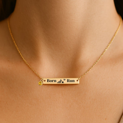Barrel Racer Horizontal Bar Necklace with engraving 'Born to Run' in gold, featuring a birthstone charm.