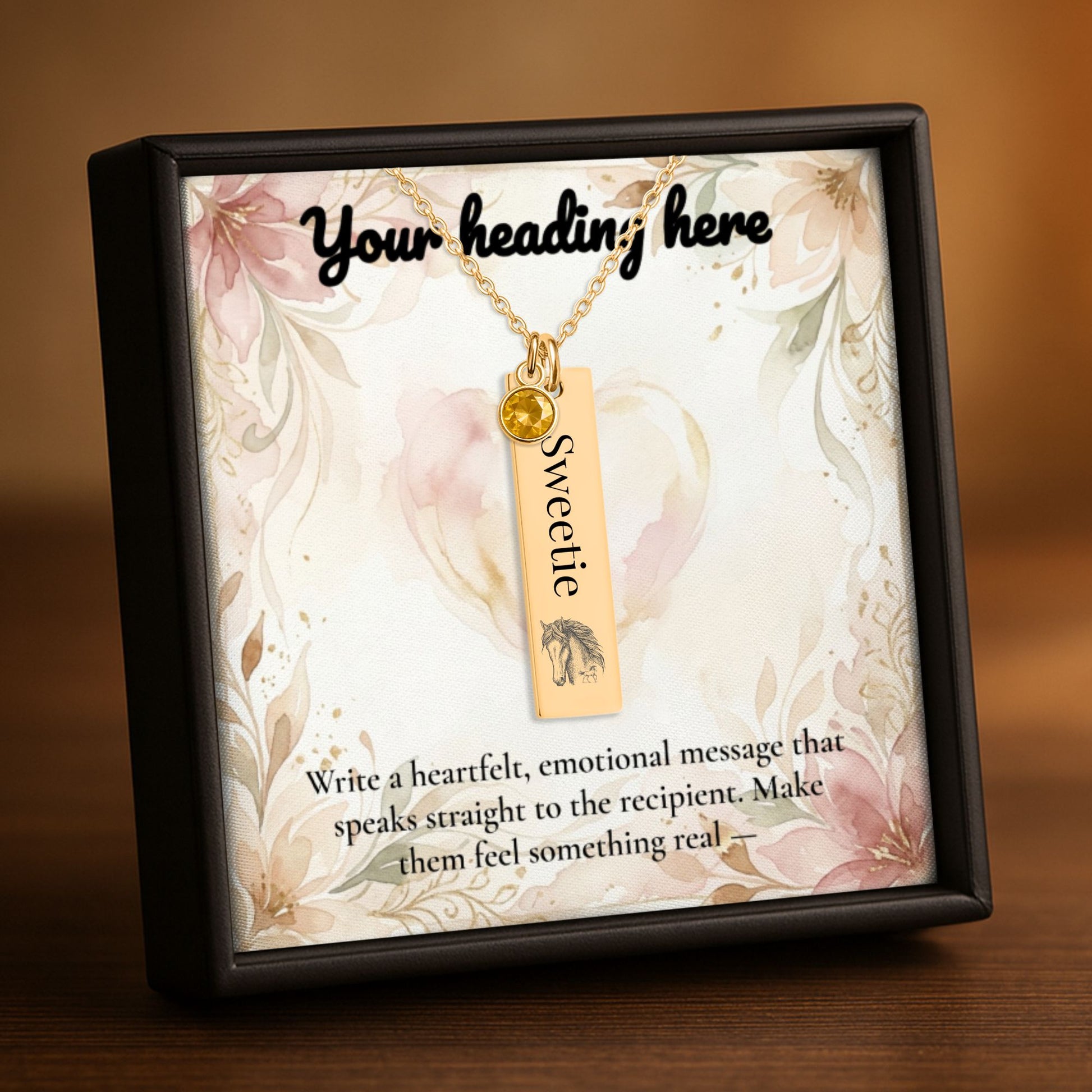 Personalize Vertical Bar Necklace with birthstone displayed in a custom gift box with heartfelt message.
