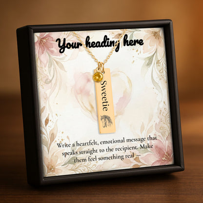 Personalize Vertical Bar Necklace with birthstone displayed in a custom gift box with heartfelt message.