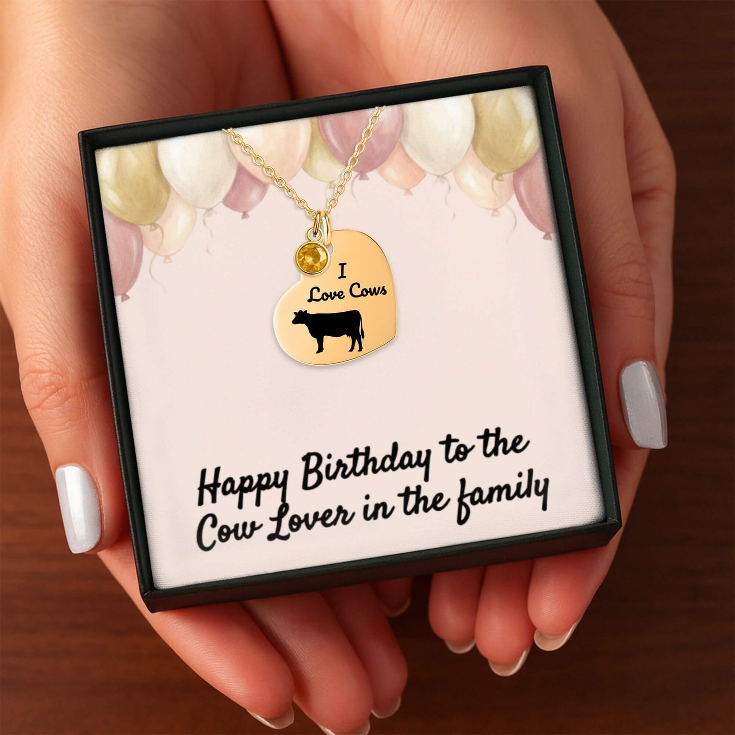 Engraved I Love Cows Heart Necklace in a gift box with birthday message for cow lovers.