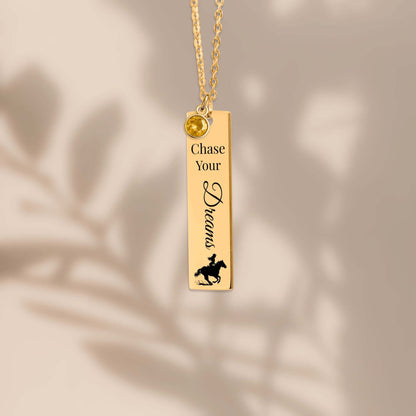 Chase Your Dreams Vertical Bar Necklace with customized design and birthstone in gold color.