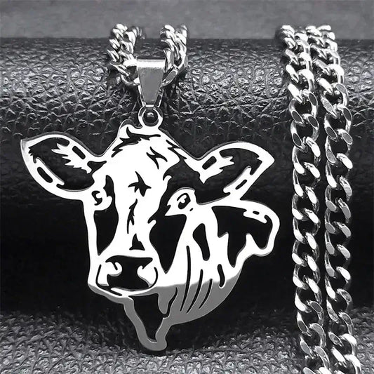Cute Cow Head Stainless Steel Silver Necklace Chain for Women or Men - The Best New Thing