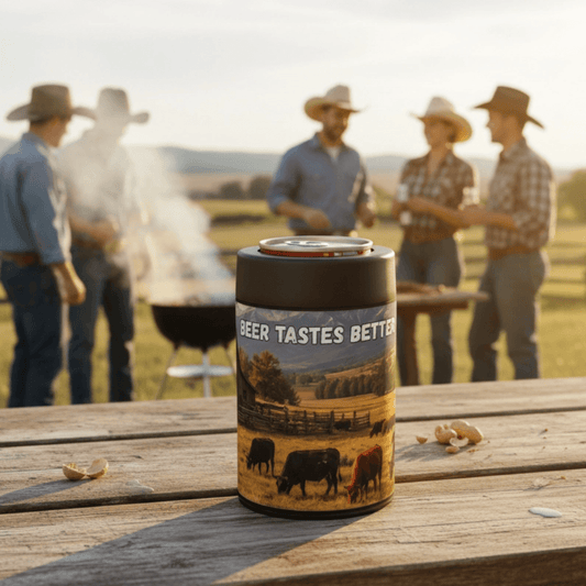 Western Can Holder with scenic ranch design, perfect for enjoying cold beer at summer BBQ gatherings.