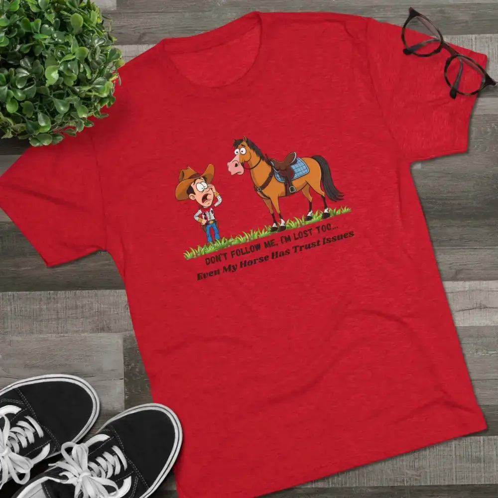 Funny Cowboy Horse T-Shirt Trail Riding Tee Western Shirt for Men - S / Tri-Blend Vintage Red - T-Shirt