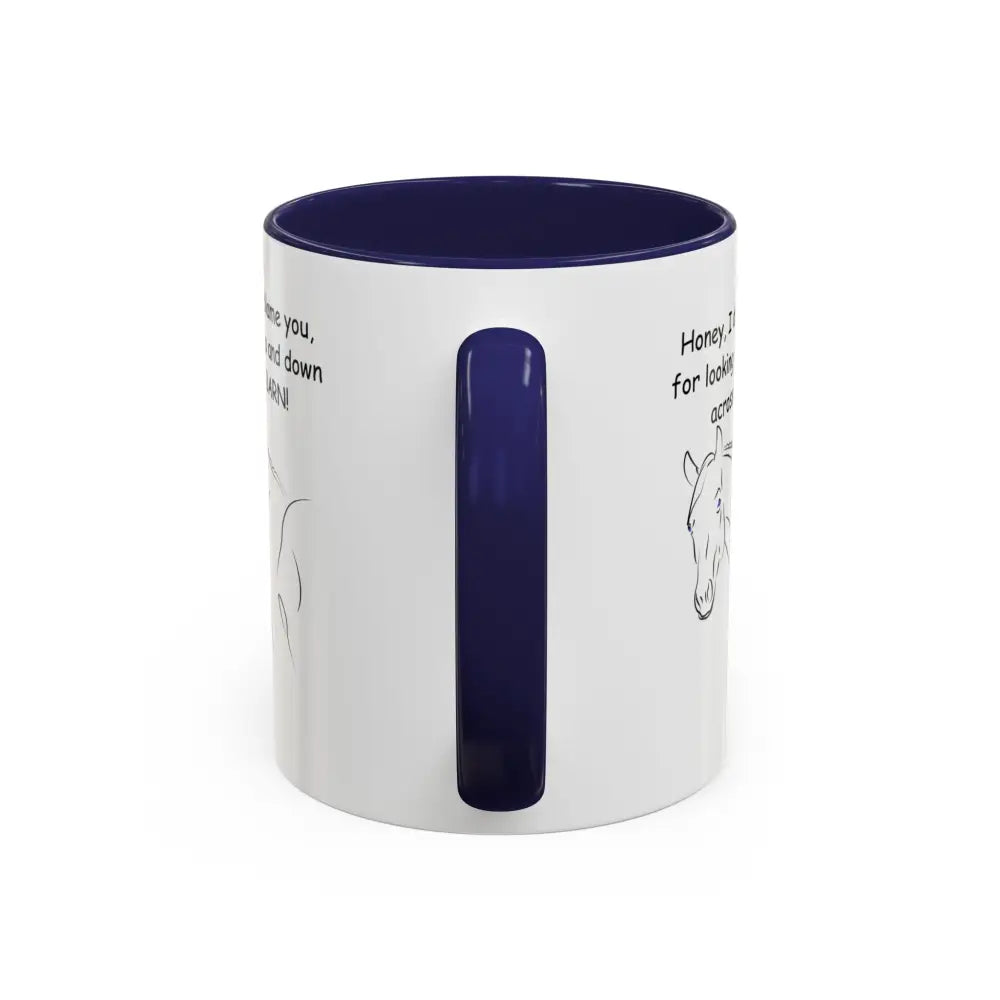 White ceramic 11oz horse coffee mug with blue interior, perfect gift