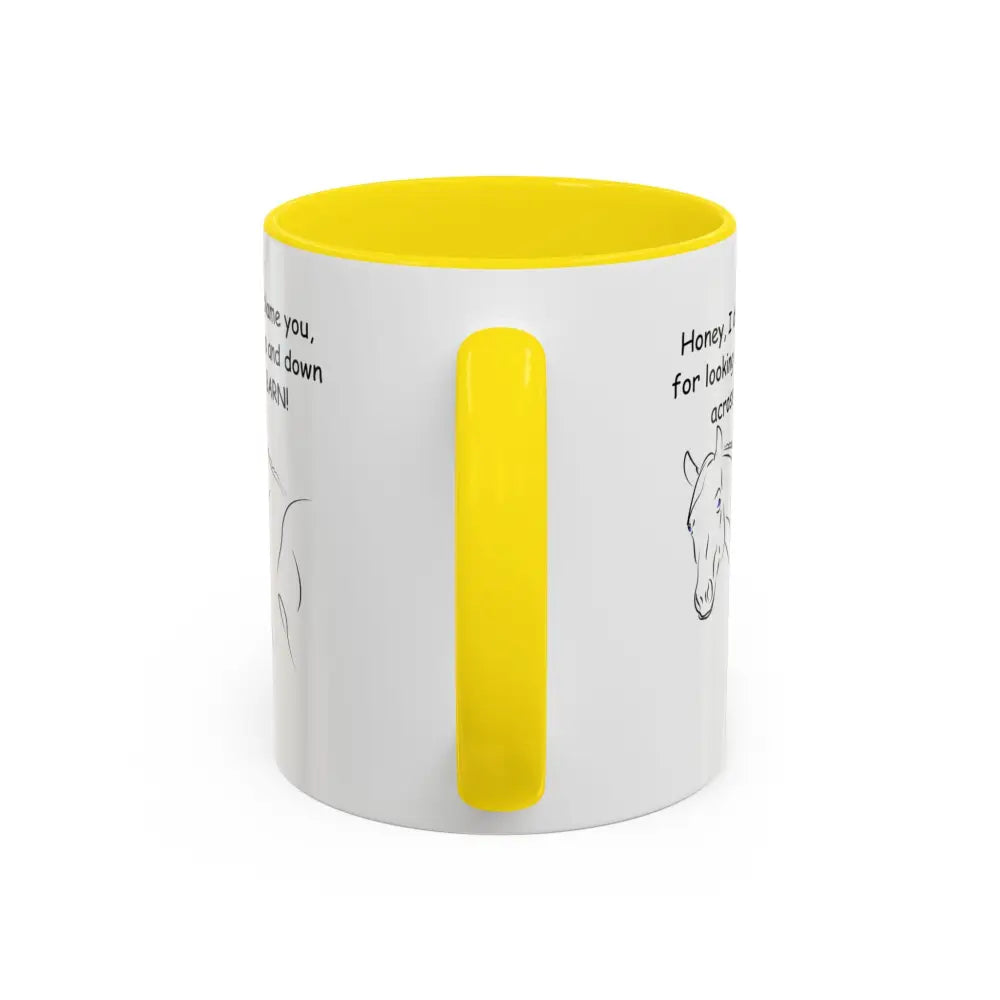 Yellow and white 11oz horse coffee mug with fun horse design, perfect gift
