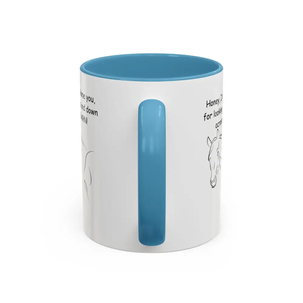 White ceramic 11oz coffee mug with blue interior, horse design, perfect gift