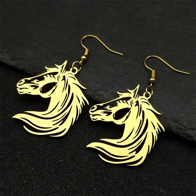 Horse Head Dangle Earrings For Women Stainless Steel Drop Earrings Jewelry Pony Animal Lover Jewelry - Gold - Jewelry
