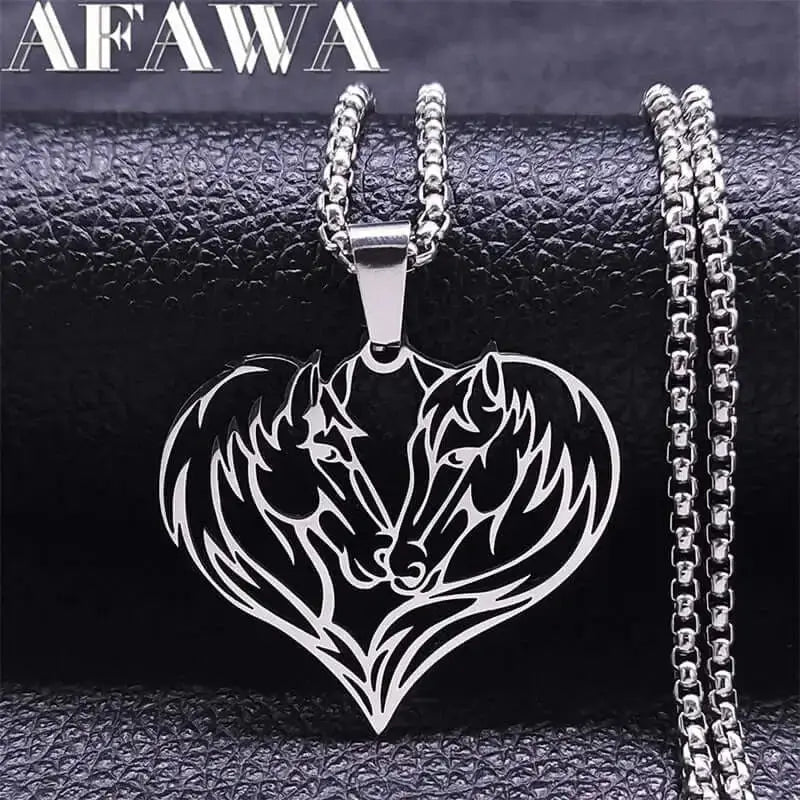 Horse Love Pendant Stainless-Steel Necklace. Aesthetic Heart Shape Horse Necklace. - Jewelry