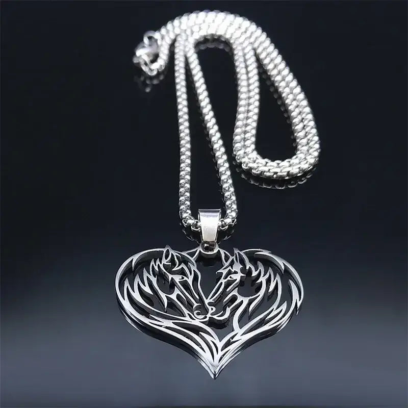 Horse Love Pendant Stainless-Steel Necklace. Aesthetic Heart Shape Horse Necklace. - Jewelry